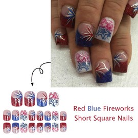 ONPRESS 24Pcs 4th of July Press on Nails Short Square Fake Nails with Glitter Firework Star Design Independence Day Patriotic Glue on Nails Red Blue French Tips False Nails for Women Decor
