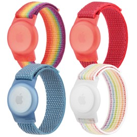 4 Pack Nylon Air Tag Bracelet for Kids, Soft Nylon Air Tag Wristband for Apple Air Tag, Adjustable Anti Lost Wristband for Toddler Baby, Boys, and Girls, Elders (Blue/Pink Sand/Rainbow/Colorful)