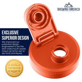 Mason Jar Lids Wide Mouth Plastic 4 Pack - With Flip Cap Screw Top Pouring Spout and Drink Hole - Fits Kerr and Ball Canning Jars - Wet/Dry Food and Liquid Storage - MADE IN USA (Orange)