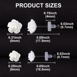 Joez Wonderful 2 Pairs Plastic Earrings, Rose White Earring Stud for Sensitive Ears, Earrings Hypoallergenic, Clear Rubber Backs for Sports, Birthday, Christmas (6mm, 8mm)