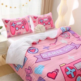Gusuhome Girls Pink Gamer Gamepad Comforter Set Full Size Gaming Controller Bedding Set for Kids Teens 3 Piece 3D Microfiber Comforter All Season Modern Gaming Room Decor Home