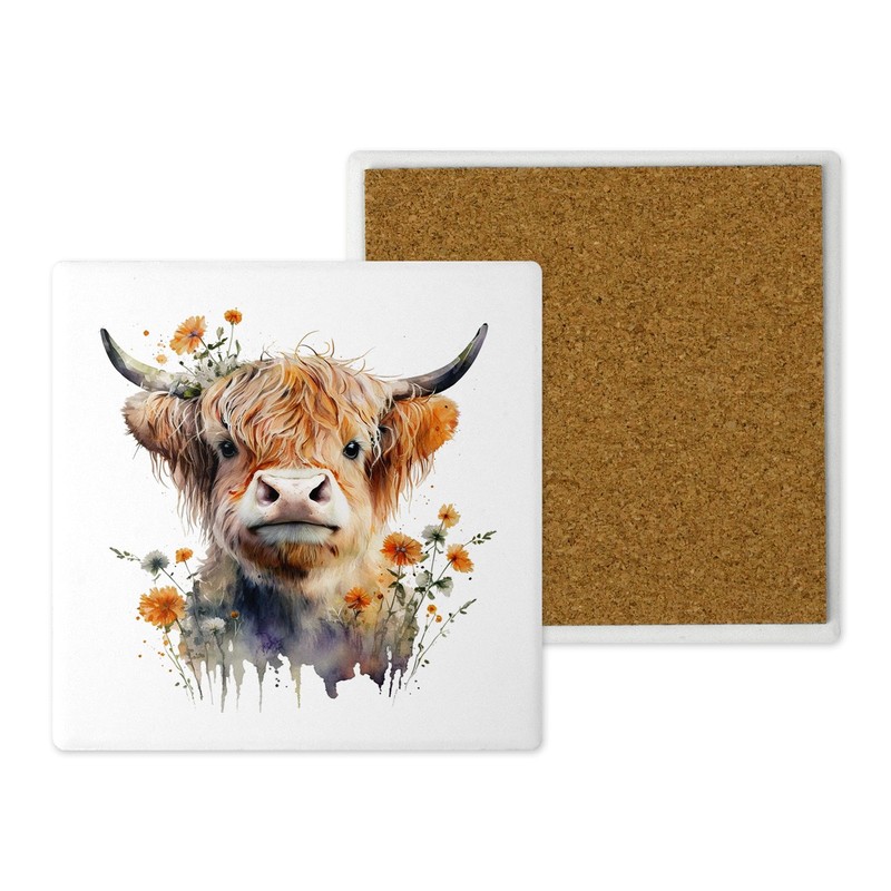 Ceramic Coasters – Handprinted Watercolour Highland Cows - Set of