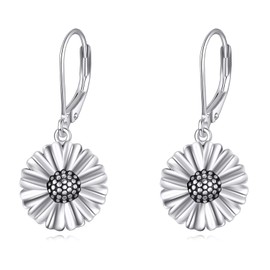 SHEAISRS Daisy Earrings 925 Sterling Silver Leverback Drop Dangle Earrings for Women Sunflower Flower Earrings Jewelry for Sensitive Ear
