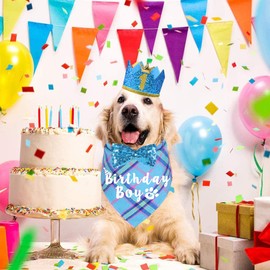 JOTFA Dog Birthday Party Supplies, Multi Sizes Dog Birthday Bandana Boy Dog Birthday Hat Crown with Birthday Numbers Bow Tie for Large Extra Large Dogs Pets (Light Blue, X-Large)