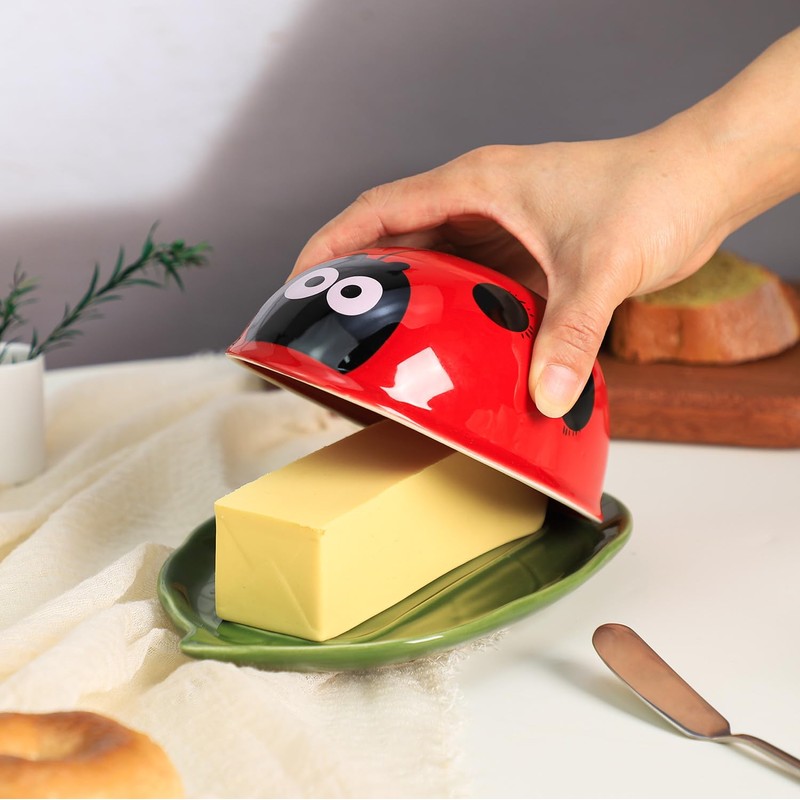 Colias Wing Green Leaf Shaped Ceramic Butter Dish with Ladybug