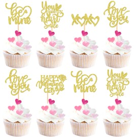 Keaziu - Paquete de 35 adornos para magdalenas con texto "Happy Valentines Day" Love You be Mine You Make My Heart Smile XoXo para decoración de pasteles, suministros de boda, fiesta de San Valentín,