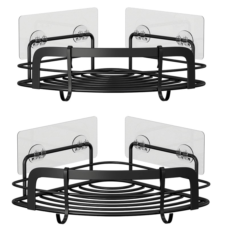 STEUGO Black Bathroom Corner Shower Shelfs, Adhesive Wall Mounted Shower