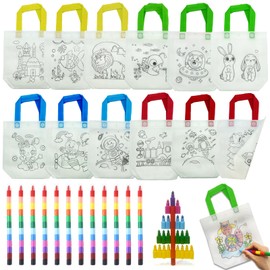 ICEPAPA, Pack of 12 Fabric Bags for Painting for Children and 12 Pieces Stackable Wax Crayons (12 Colours in 1), Perfect for Children's Birthday Party Favours, Give Aways Children's Birthday Party