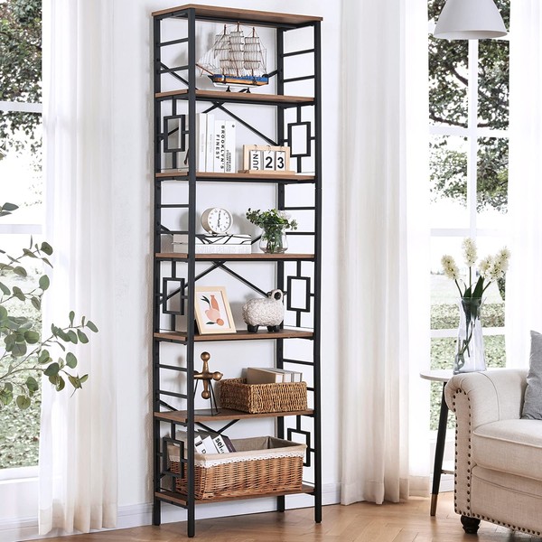 HOMISSUE Bookcase,7-Tier Tall Bookshelf Metal Bookcase and Bookshelves, Free Standing Storage Modern Bookshelf for Home Office Living Room and Bedroom, Rustic Brown