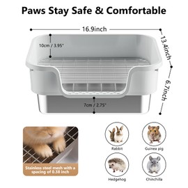 Stainless Steel Rabbit Litter Box with Safety Grid, Large Sifting Bunny Litter Pan for Small Animals, Guinea Pig, Ferret, Easy to Clean, Anti-Urine Leakage Metal Pet Toilet (16.9" × 13.4" × 6.7")