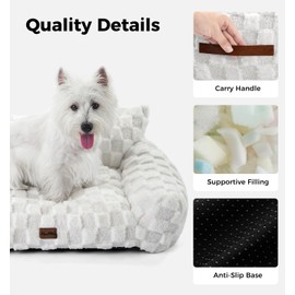 Made4Pets Dog Couch Bed, Soft Faux Fur Checkered Indoor Pet Sofa, Comfortable Fluffy Dog Sofa with Supportive Foam, Removable Washable Cover with Non-Slip Base, White, Large