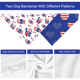 4th of July Dog Bandanas, 2 Pcs Memorial Day American Flag Dog Outfits Triangle Reversible Puppy Scarf Premium Durable Fabric, Independence Day Bandana for Medium and Large Dogs