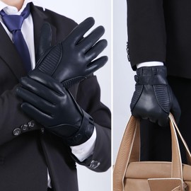 FIORETTO Mens Luxury Leather Gloves Warm Cashmere Lined Touchscreen Sheepskin Driving Gloves Winter Navy Blue Large