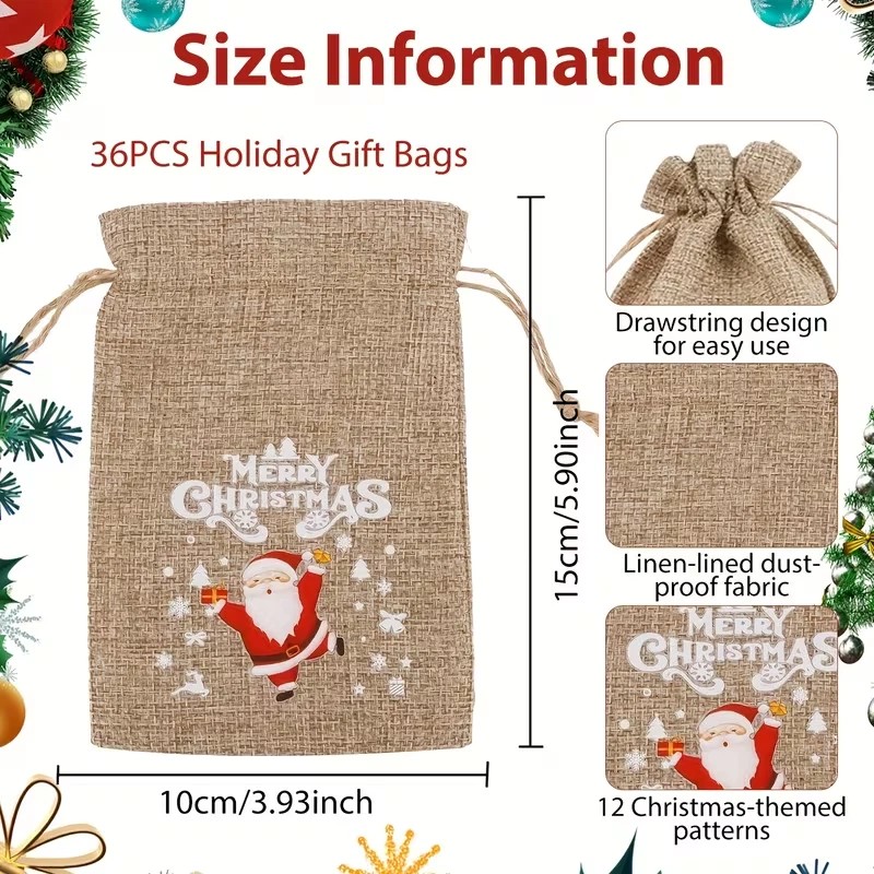 Feelso Drawstring Holiday Gift Bags (36pcs) Various Sizes, Christmas Burlap