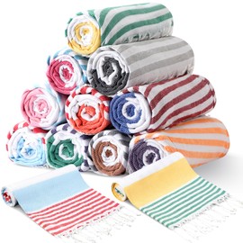 Oudain 10 Pcs Turkish Beach Towels Bulk Cotton Quick Dry 71 x 40 Inch Lightweight Sand Free Pool Towel with Tassel Striped for Shower Gym Yoga (Bright Colors)