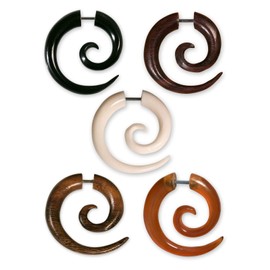 Fly Style Fake Piercing Spiral Earring Made of Horn, Bone or Wood with Screw Closure, Choice of Material: Sono Wood, Pack of 1