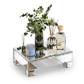 Uniglam Mirrored Risers for Display, Tabletop Display Stand, Mirrored Perfume Tray for Vanity, Silver Soap Stand, Pedestal Stand, Glass Risers for Countertop, 8.6”W x 6”D x 3”H