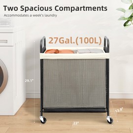 STORAGE MANIAC Rolling Laundry Hamper with Wheels 2-Section Laundry Sorter Rolling Laundrys Basket on Wheels with Removable Bag Clothes Hamper Laundrys Organizer Cart Bathroom Bedroom 100L Beige