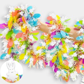 TURNMEON 5 String Easter Egg Bunny Garland Decorations, Total 50 Ft Colorful Easter Tinsel Garland Metallic Streamer Glitter Twist Hanging Decorations for Easter Party Tree Decor, Each 10 Ft by 5"