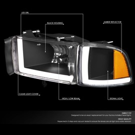 DNA MOTORING HL-LB2-DR944-BK-AM Black Amber Headlights With Pair LED Day Running Lights Replacement For 94-02 Ram