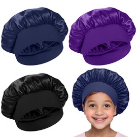 LXUEJEI 3 Pcs Bonnet for Kids, Kids Bonnets for Girls, Satin Silk Hair Bonnet for Sleeping, Soft Wide Band Sleep Cap for Curly Hair Braids Shower Caps for Teens Child Toddler(Blue, Purple, Black)