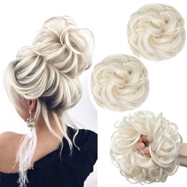 PORSMEER 2 Pieces Hairpiece with Elastic Band Large Bun Hairpiece White Blonde Curly Hair Scrunchie with Hair Updo Hair Extensions Messy Bun Scrunchies Hairpieces for Women Girls Ponytail