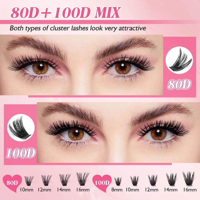 Sixstarhair Individual Eyelashes 80D+100D Thick Cluster Lashes with Bond and