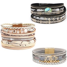 Wowanoo Leather Cuff Bracelet Set 3Pack Multilayer Wrap Bracelet Crystal Feather Bracelet Set with Magnetic Clasp for Women Crystal Circle