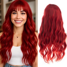 Dsimeig Long Wavy Red Wigs for Women Synthetic Halloween Cosplay Hair Wig with Bangs