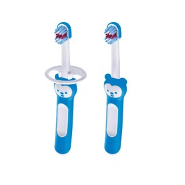 MAM Baby's Brush Set (2 Training Toothbrushes, 1 Safety Shield), Baby Toothbrushes with Brushy the Bear, Interactive App, For Boy 5+ Months, Blue