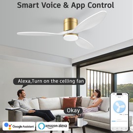 cumilo 52" Smart Ceiling Fans with Remote,Quiet DC Motor,Dimmable,Low Profile Outdoor Indoor Ceiling Fan,Compatible with Alexa Google Voice App,for Modern Flush Mount Bedroom Patio,Gold and White