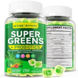 Organic Super Greens Daily Gummies, Greens Powder Superfood Alternative w/Probiotics, Mushrooms, Spirulina, Chlorella, Fiber, Fruit Vegetable - Energy, Digestive, Immune Brain, Sugar Free Vegan, 60Cts