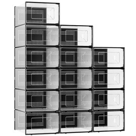 Foluck X-Large Shoe Storage Box, 15 Pack Clear Plastic Stackable Shoe Organizer for Closet, Interlocking Design Shoe Container Bins for Sneakers, Foldable Shoe Rack with Lids, Black