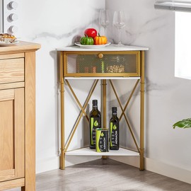 VECELO Cabinet/Table, 3-Tier Display Shelves with Protection Door, Metal Frame Storage Shelf Organizer for Small Space, Living Room, Kitchen, Bathroom, Set of 1, Gold+Black