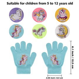QKURT 6 Pairs Kids Knitted Gloves, Toddler Winter Solid Color Warm Gloves High Stretch Full Finger Magic Mittens with Novel Unicorn Pattern Suitable for 5-12 Years Girls Boys