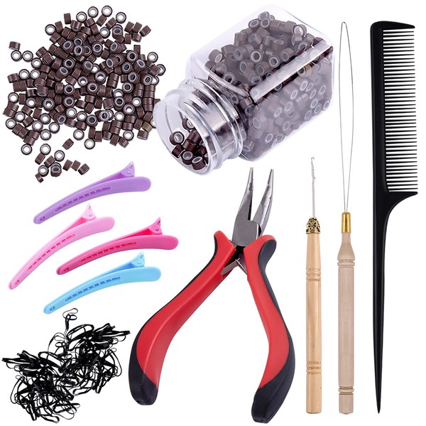 Duufin Microring Extensions Set with 500 Pieces Micro Rings 1 Piece Micro Ring Pliers 2 Pieces Micro Ring Needle 4 Pieces Hair Clip 1 Piece Comb and Mini Hair Bobbles for Hair Extensions Accessories