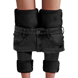 Women's Fleece Lined Jeans Thermal Flannel Lined Jeans Winter Warm Thicken Skinny Stretch Denim Pants (Black, US 10)