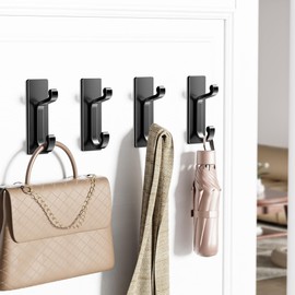 Qiuzido Self Adhesive Wall Hooks Black, Sticky Hangers Wall Mount, Holds 10Lbs for Clothes, Towel, Robes, Keys, Double Hooks for Bathroom, Bedroom and Door, 4 Pack.