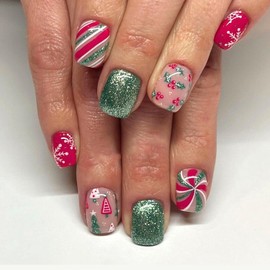 Vopintpy Winter White Snowflake Press on Nails Green Glitter Christmas Tree Fake Nails with Stripe Swirl Design Glossy Short Square Glue on Nails Reusable Xmas Stick on Nails for Women