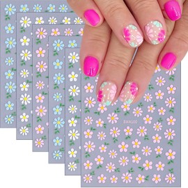 6Sheets Colorful Flower Nail Art Stickers 3D Floral Nail Decals Spring Wildflower Daisy Nails Design Stickers White Blue Pink Flower Sticker Cute Nails Supplies Decoration for Women Girls Manicure