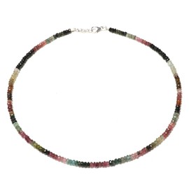Tibetan Silver Natural Multicoloured Tourmaline Gemstone 18 Inch Beach Necklace for Women Fashion Jewellery 925 Sterling Silver Design 5 mm Beads Necklace Handmade by Craftsmen, Metal, Tourmaline