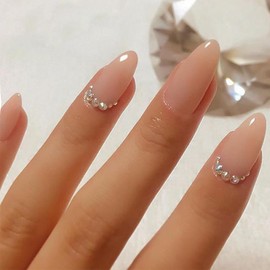 GLAMERMAID Press on Nails Medium Almond, Spring Summer Nude Glue on Gel Nails, 24Pcs Medium Stiletto Acrylic False Nails Kits Reusable UV Finish Full Cover Stick on Nails for Women Gift