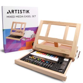 Mixed Media Art Set - 34 Piece, Easel Painting Kit with Wood Table Desk Top Easel Box Includes Acrylic Paints, 3 Canvas Boards, Pastels, Desktop Art Supplies Gift for Beginner Artists, Kids, Adults