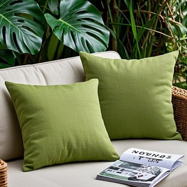 FEVERQIYI Outdoor Waterproof Grass Green Pillow Covers 22x22 for Patio Decorative Linen Textured Farmhouse Oversized Outdoor Pillow Cases Set of 2 for Spring Summer Season (No Inserts)