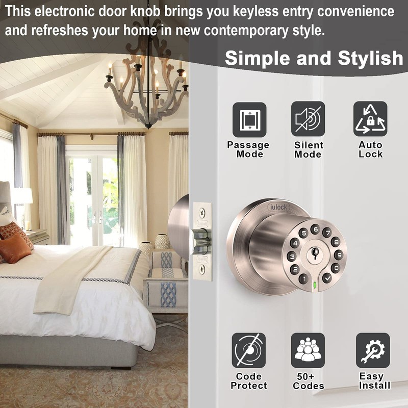 Waterproof Electronic Door Knob with Keypad and Key, Auto Lock,