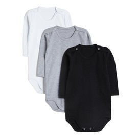 rise&Raba Baby Bodysuit 3 Pcs | 100% Organic Cotton Long Sleeve Comfortable Button Baby Bodysuits for Boys and Girls | Comfortable and Cute Onesies (White-Black-Gray, Newborn)