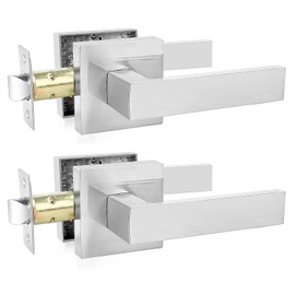 KAMOTA Passage Door Levers, 2 Pack Satin Nickel Heavy-Duty Keyless Door Handles, Square Non-Locking Door Knobs, Right and Left Handed for Closets, Hallways and Conference Rooms