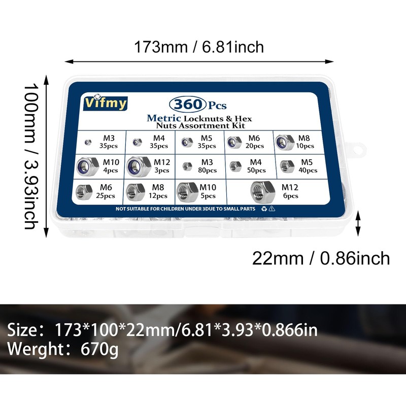 Vifmy Metric Hex Nuts & Locknuts Assortment Kit(360Pcs)，M3 M4 M5