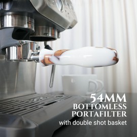 Bspresimo 54mm Bottomless Portafilter Modern Handle – Includes Stainless Steel Naked Basket – Fits Breville Barista Express & 54mm Breville Espresso Machines - Espresso Machine Accessories – White