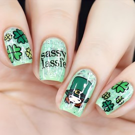 LBPEPAMZ 24Pcs St. Patrick's Day Press on Nails Medium Square Fake Nails with Shamrock Designs Litter Elf Green Hat Four Leaf Clover False Nails Stick on Nails Full Cover Glue on Nails for Women Girls
